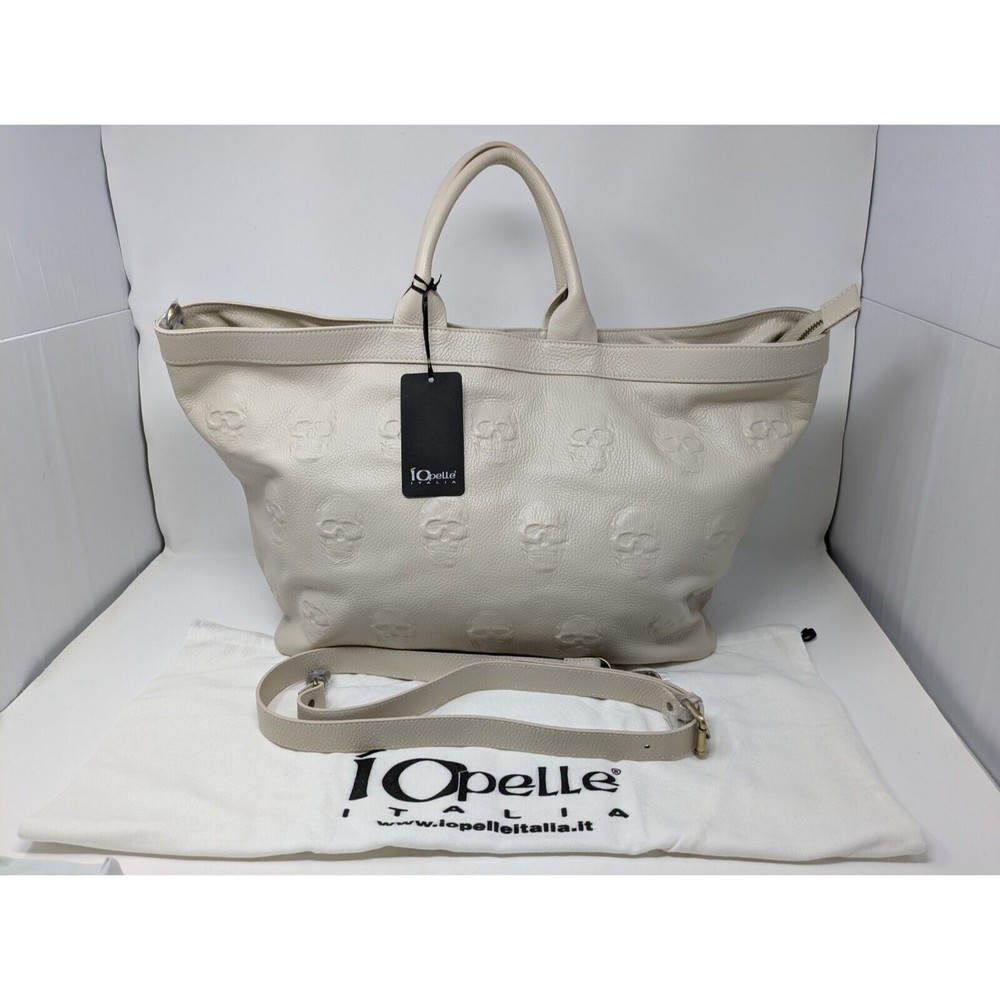 IO Pelle Leather 3D Skull Weekender Tote Bag Italy Ivory Mousse Latte NWT